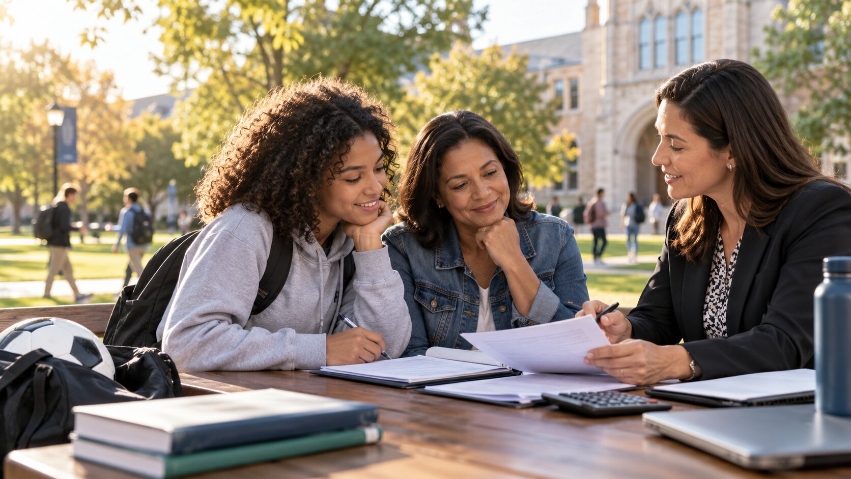 Student-athlete and parent reviewing a college scholarship offer
