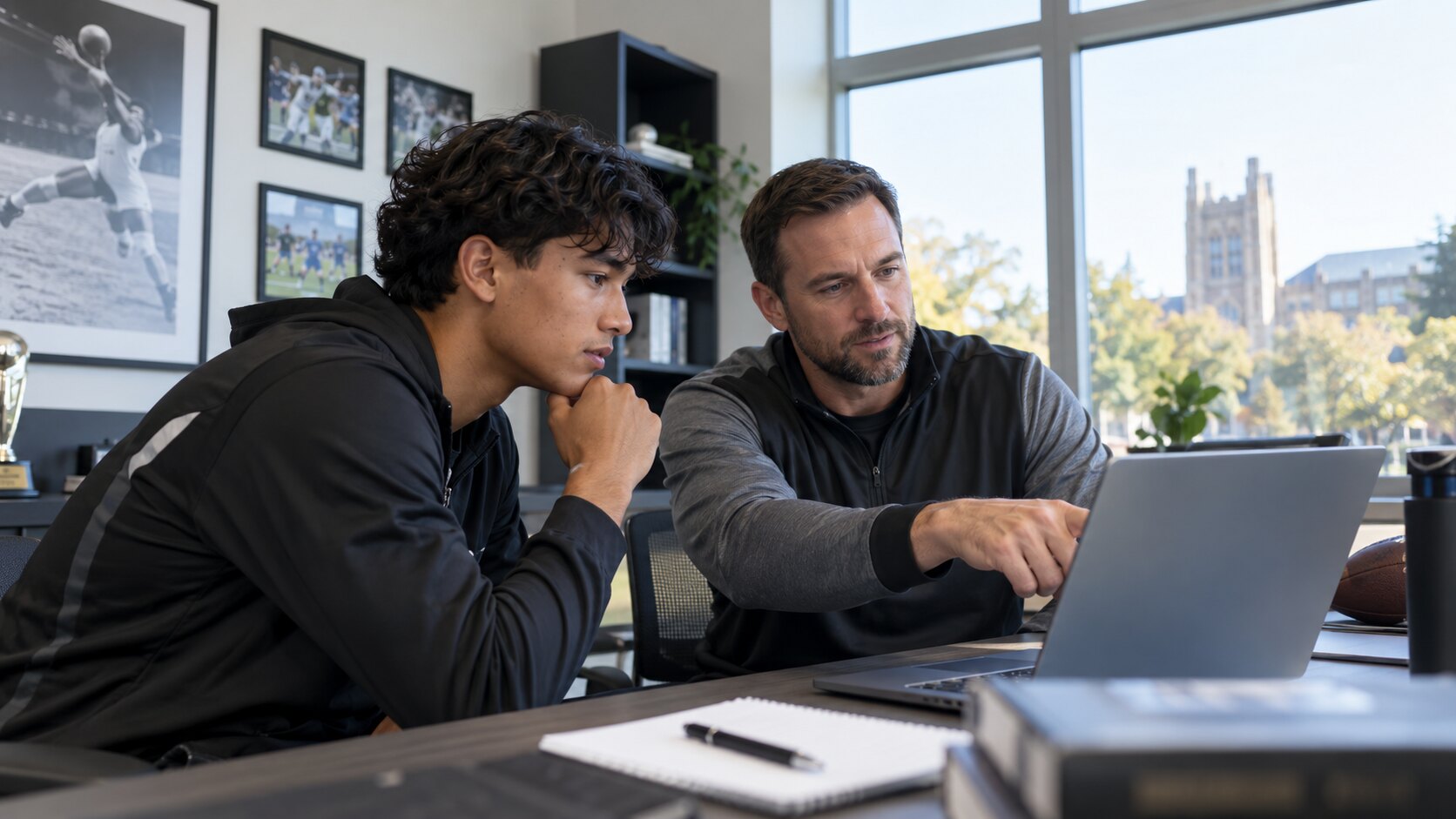 Student-athlete reviewing the college recruiting process with a coach