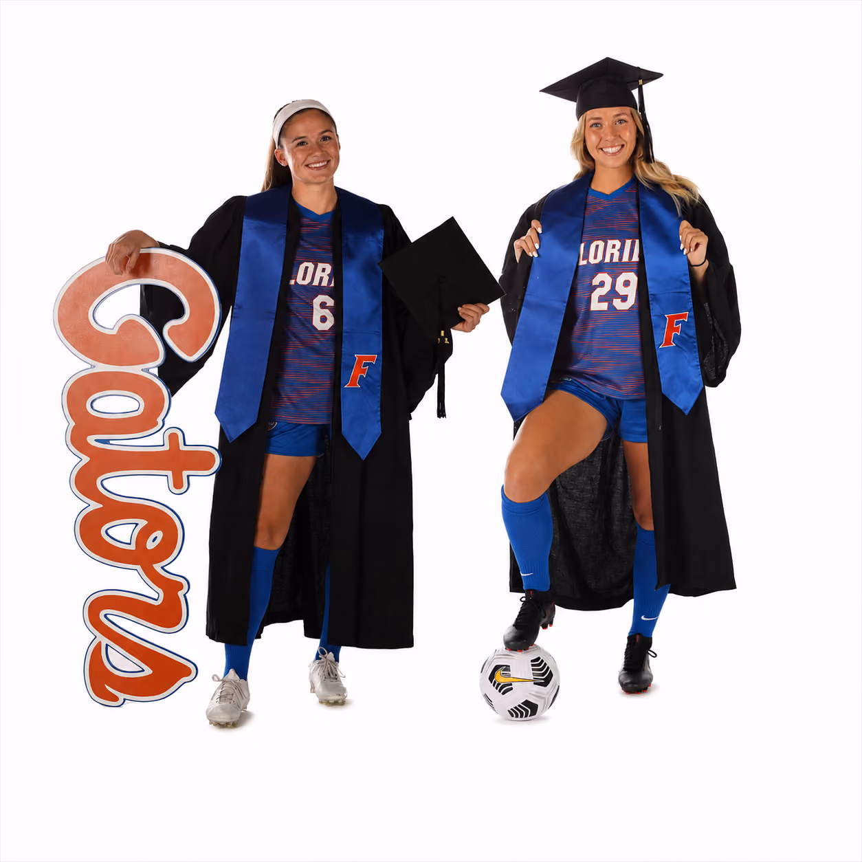 Two female soccer players in graduation gowns and Florida jerseys, one holding a cap, the other with foot on soccer ball.