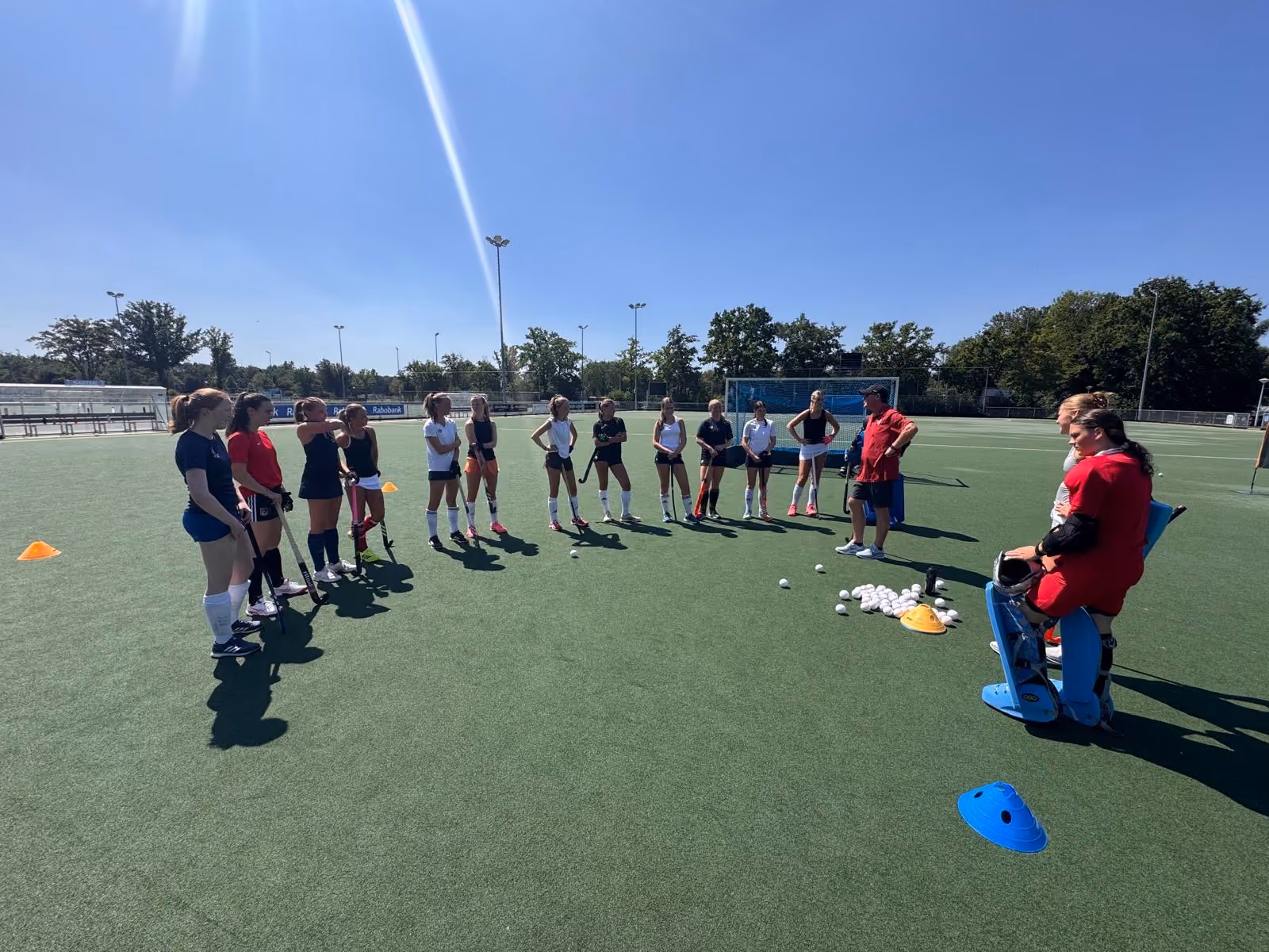 A group of field hockey players gathered on a pitch with sticks, balls and training cones.