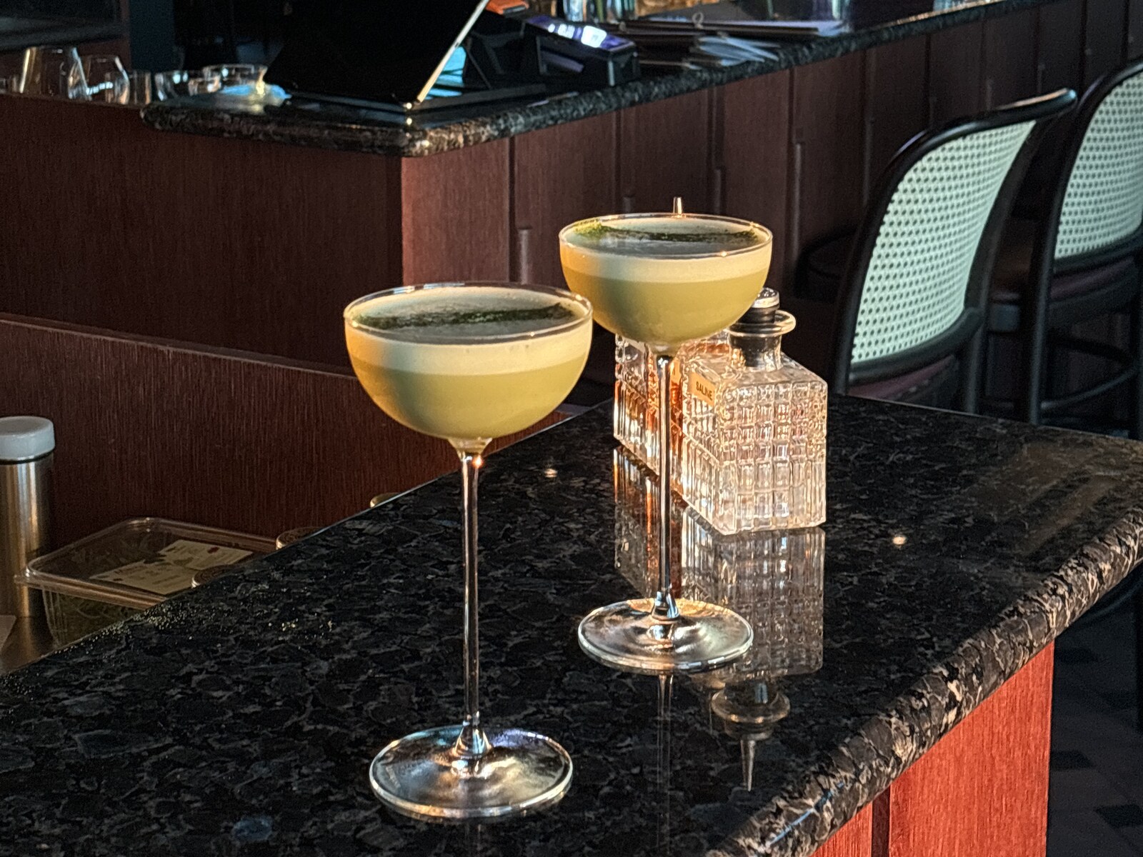 Two Matcha Martinis on a granite bar at Bisoubisou