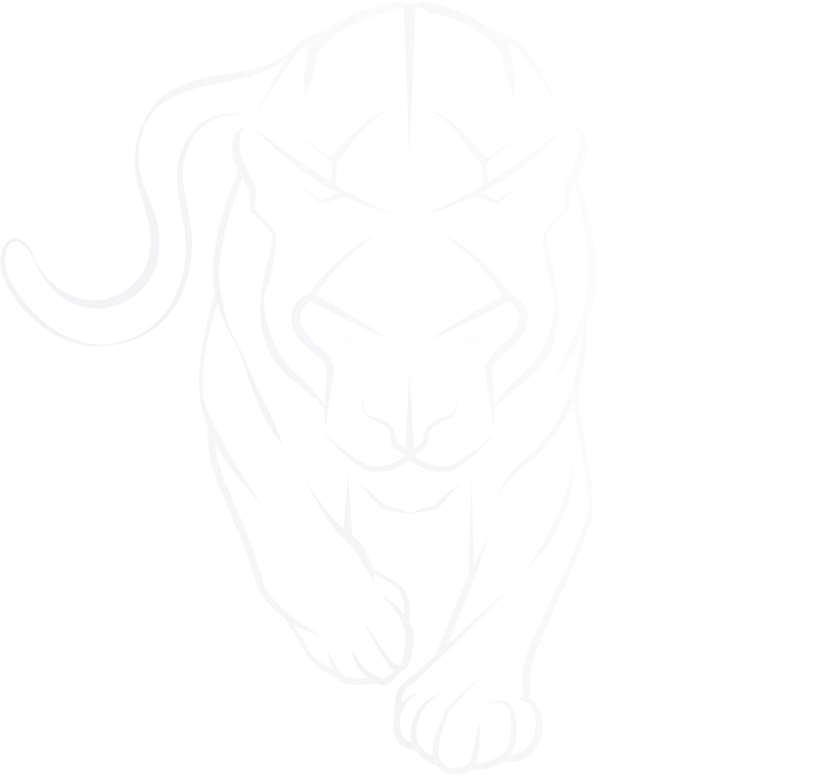 Stylized line drawing of a lion prowling forward with glowing eyes.