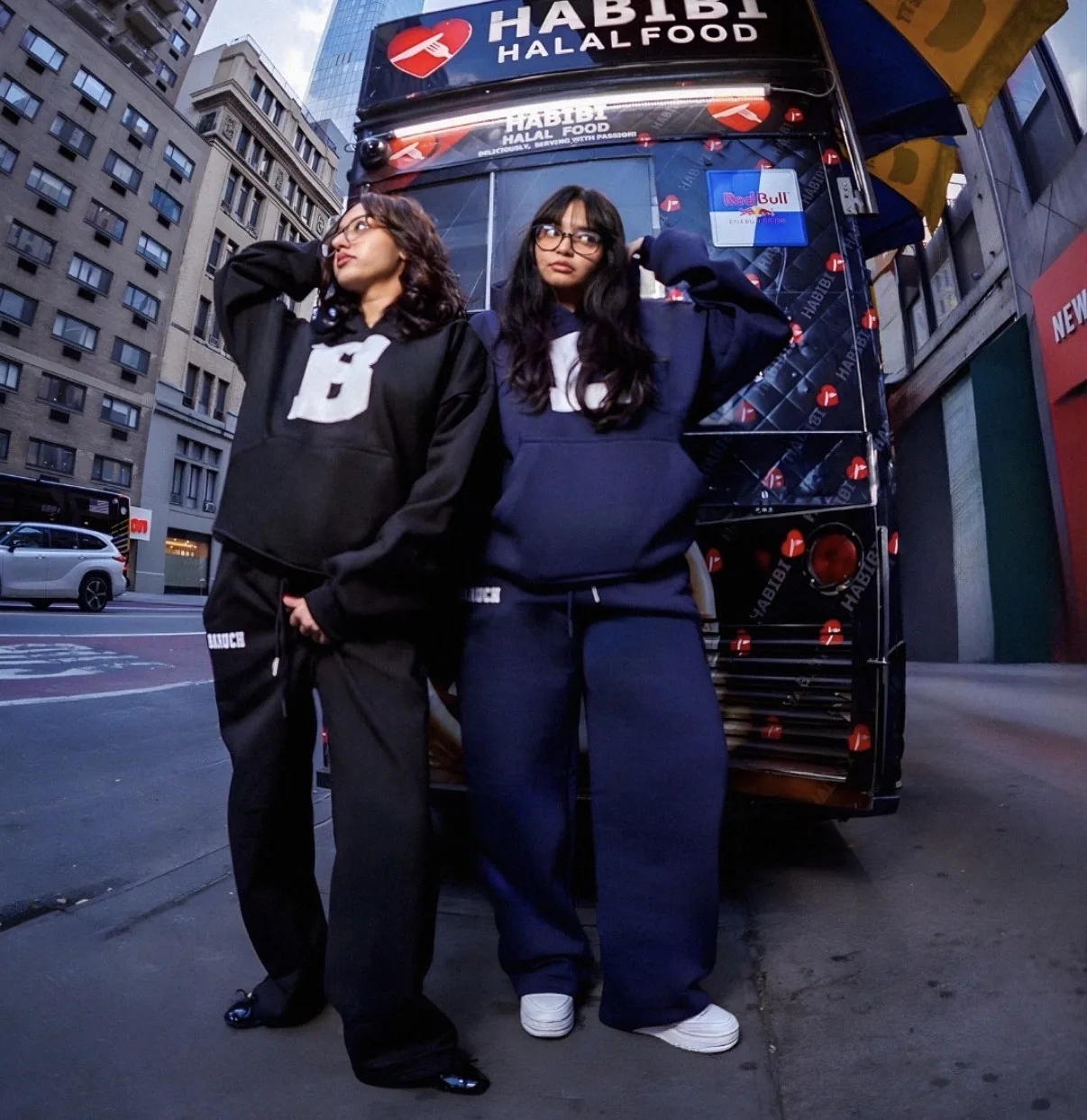 Black on navy. Oversized hoodie · Wide leg Sweatpant.