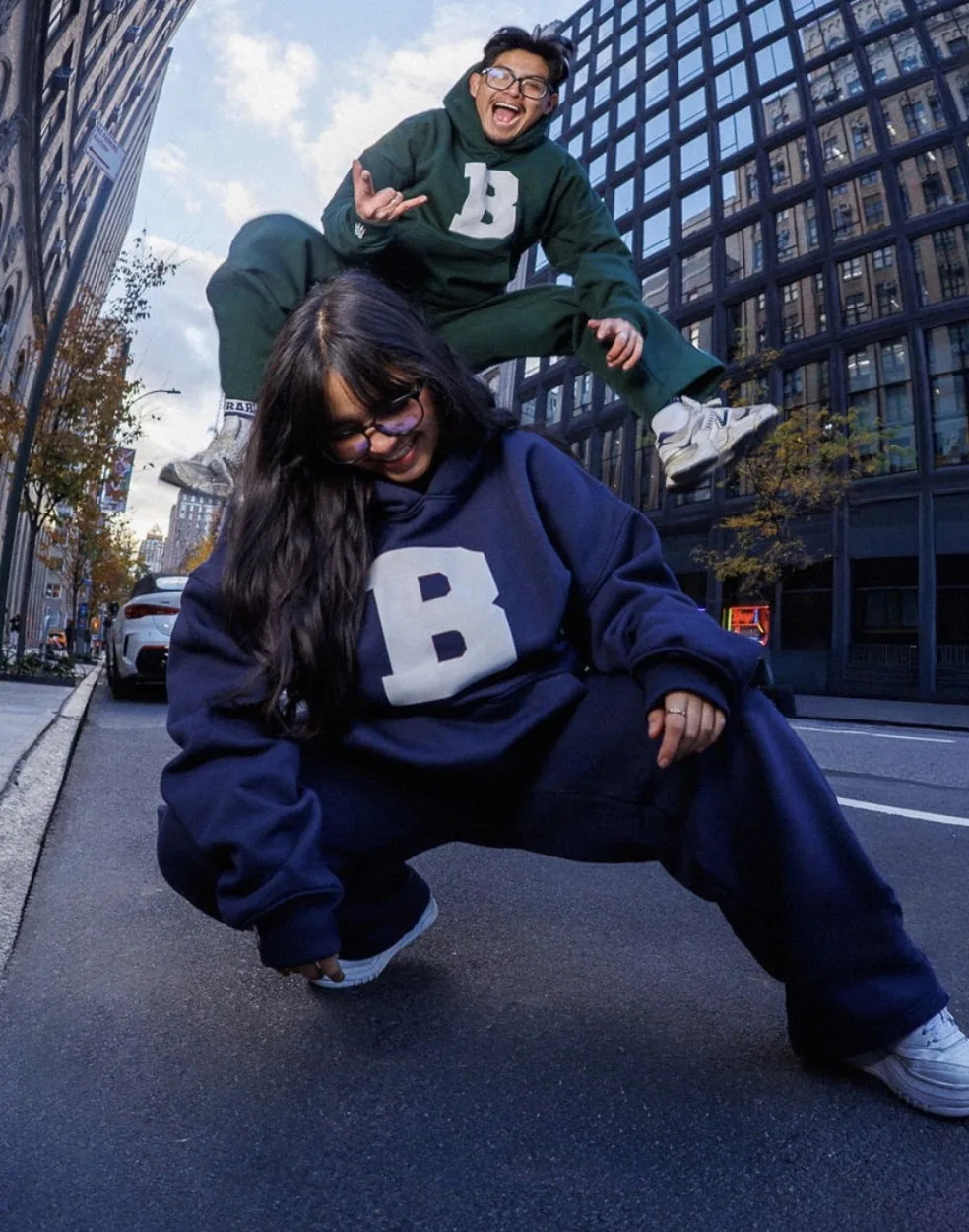 Navy and forest. Oversized heavyweight hoodie · Wide leg sweatpant.