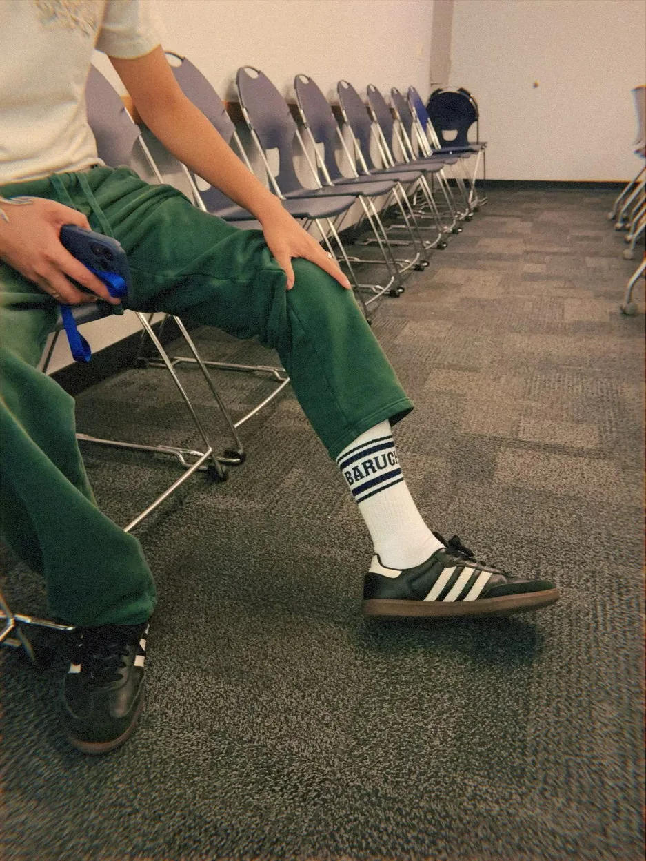 Baruch crew sock. Custom print or knit · Jacquard wordmark.