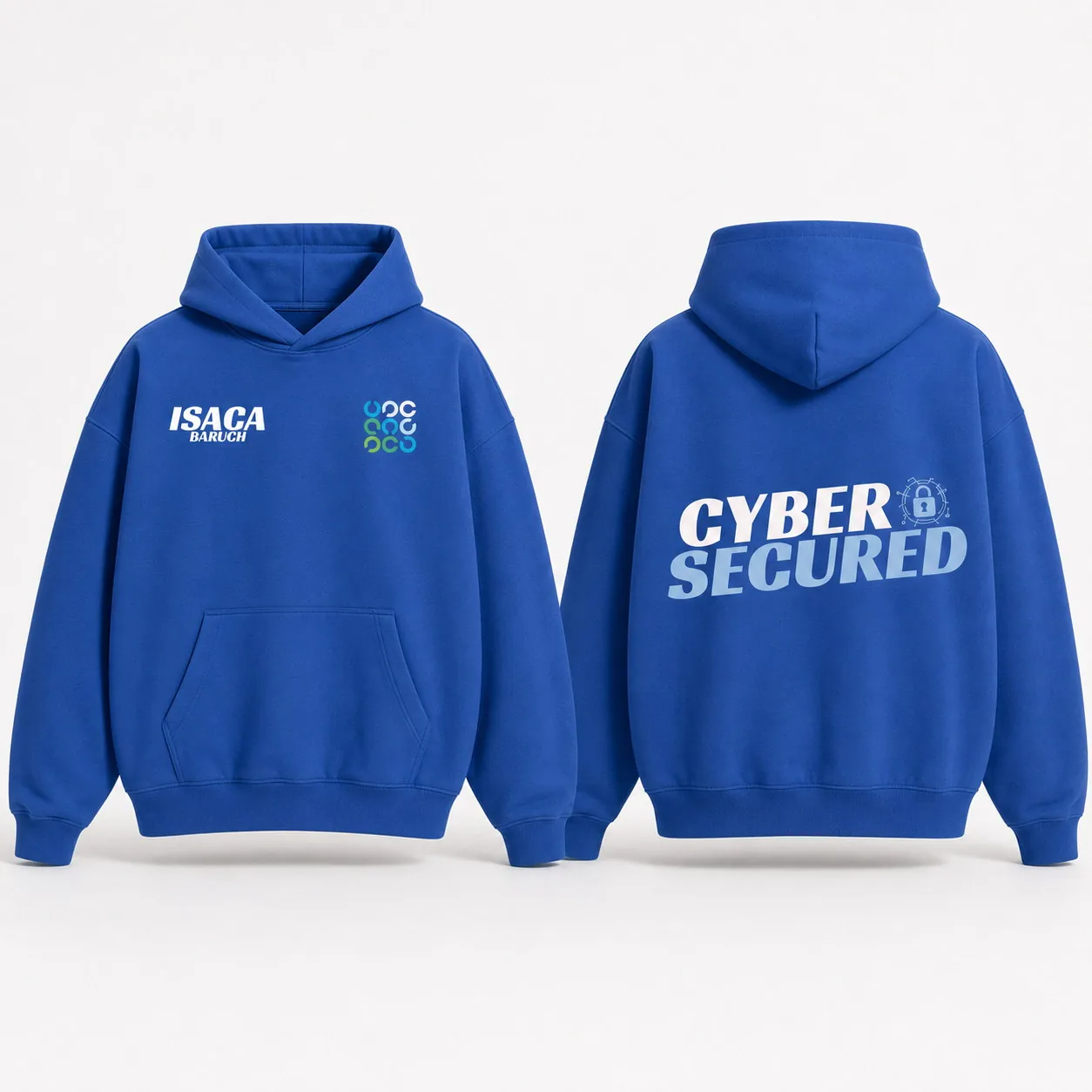 ISACA Cyber Secured. Royal pullover oversized heavyweight hoodie · Full-color front and back.