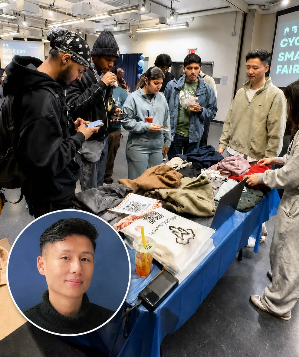Benny Chu and the Custom Clothing NY table at a Baruch club fair, students picking through folded hoodies and tees, with his portrait inset.