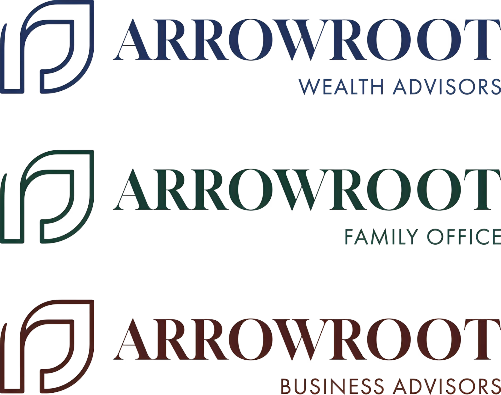 Three Arrowroot logos with icons and text: Wealth Advisors, Family Office, and Business Advisors.