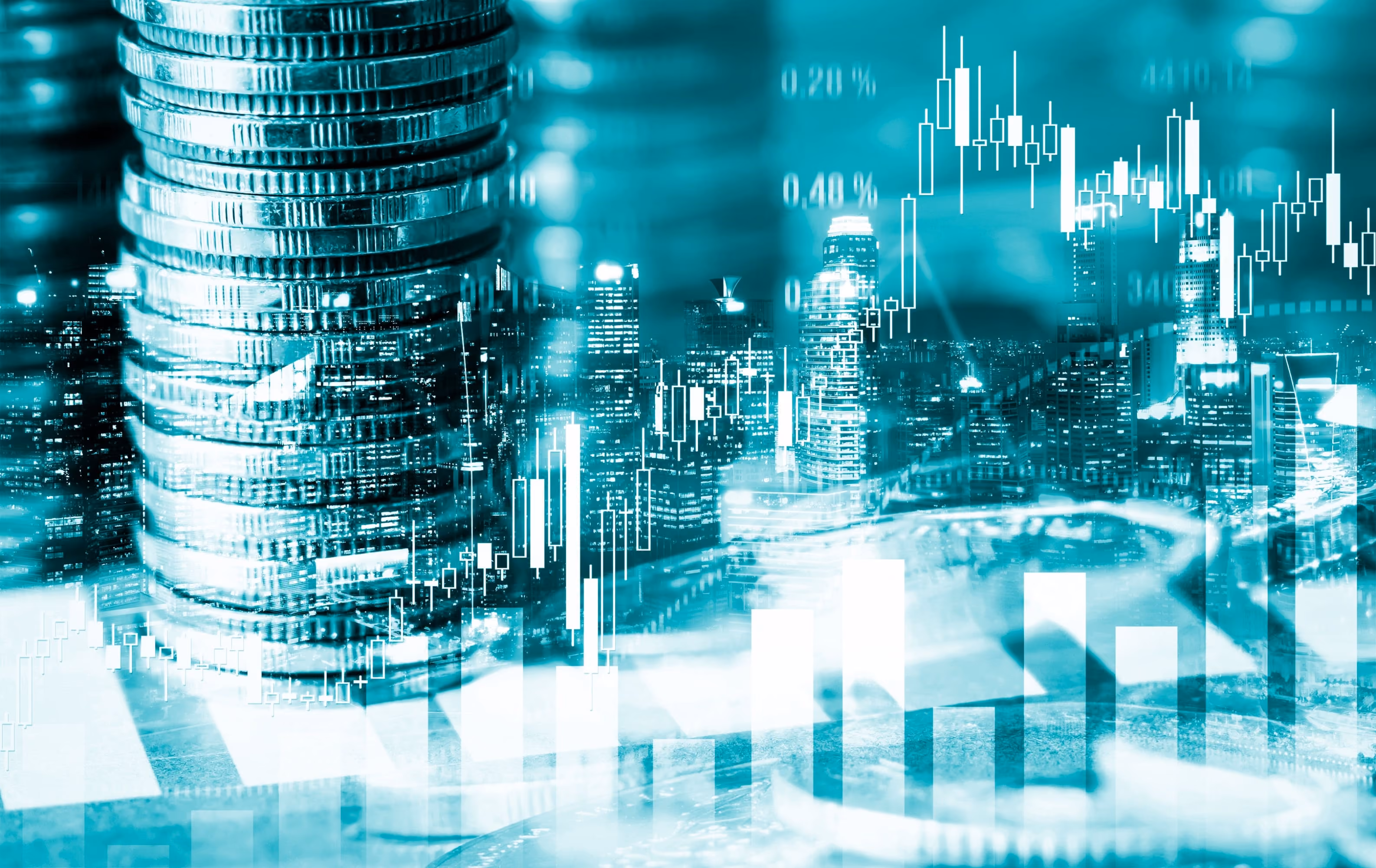 Stacked coins and a city skyline overlaid with financial charts and data.