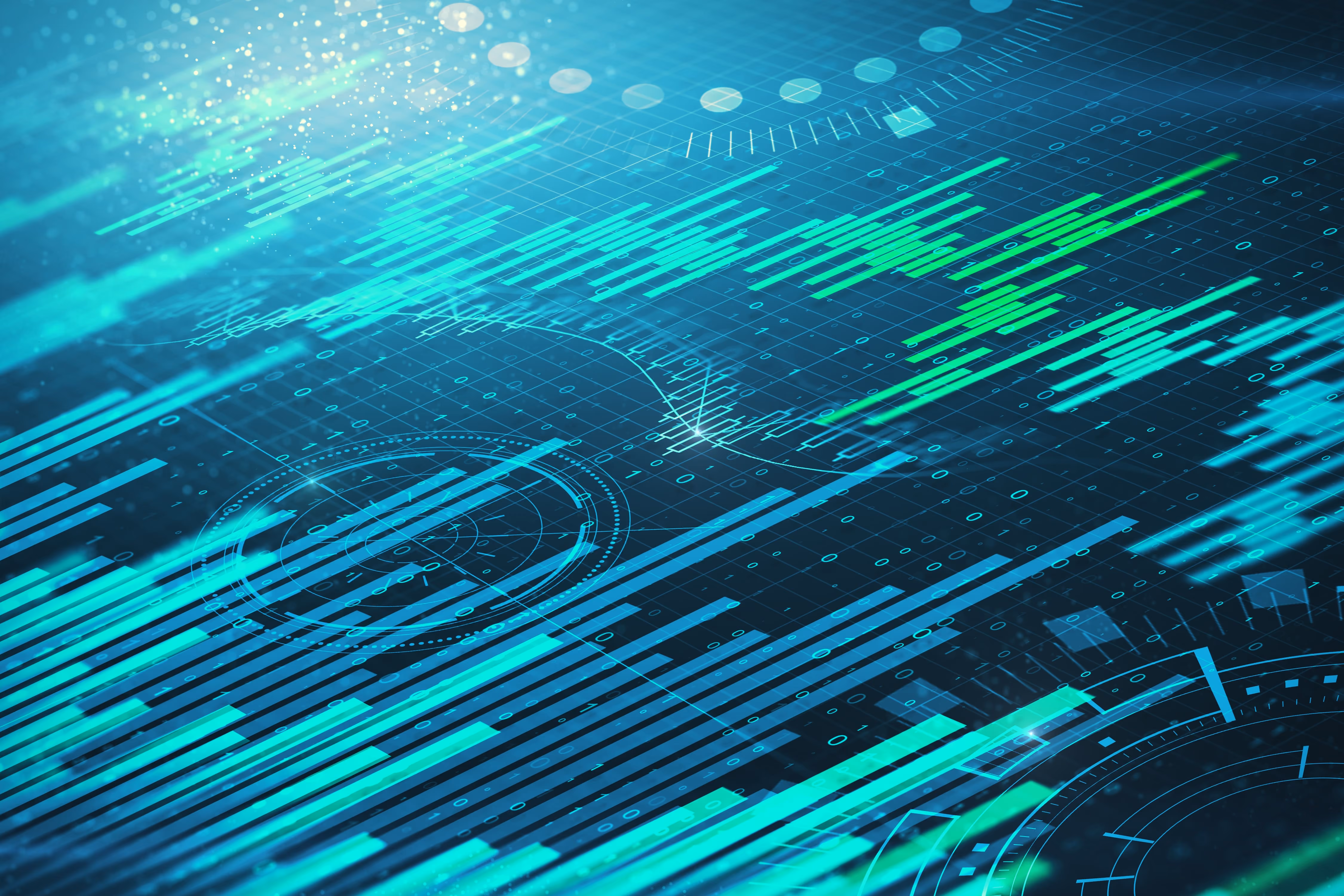 Abstract digital background with blue and green charts, graphs, and data visualizations on a dark grid.