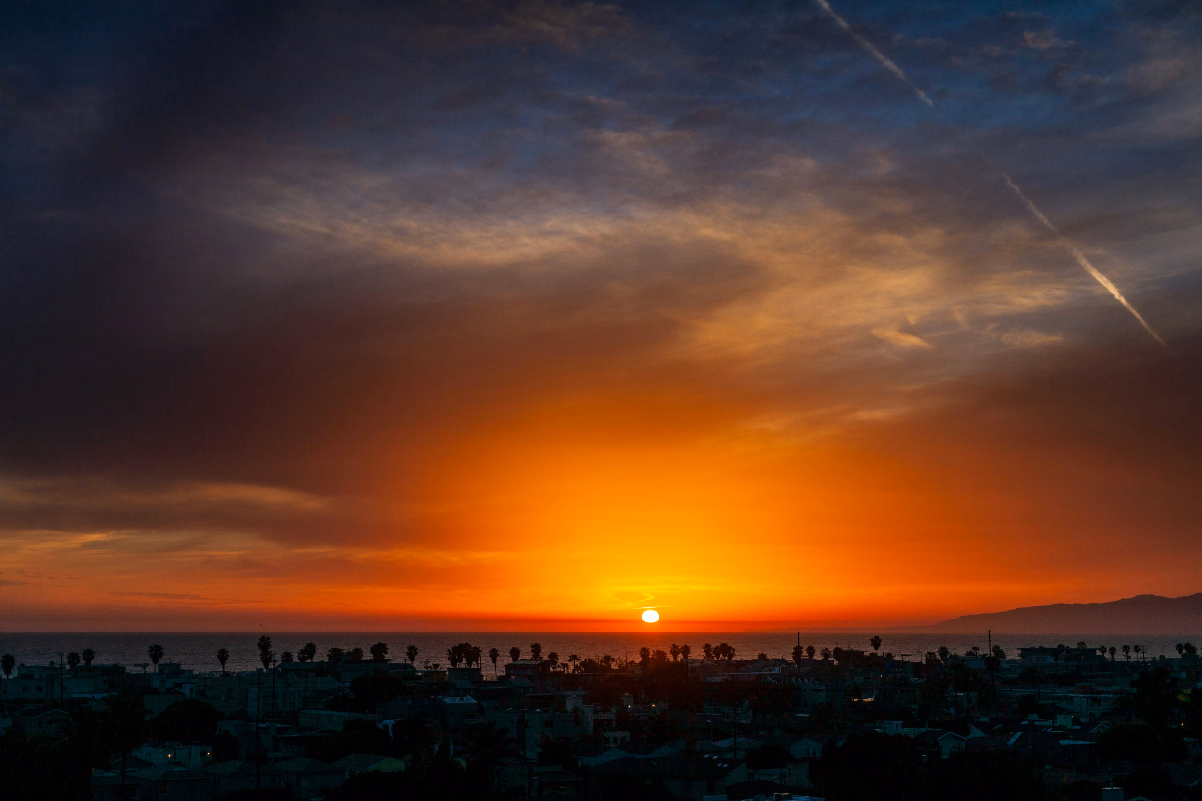 Bright orange sunset over ocean with silhouetted palm trees and dark cityscape in foreground.