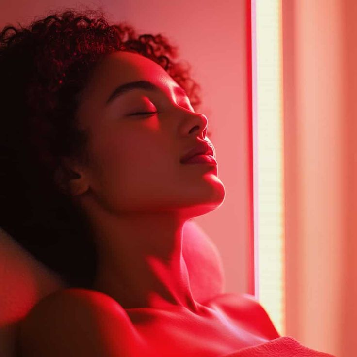 A guest relaxing under warm red light therapy