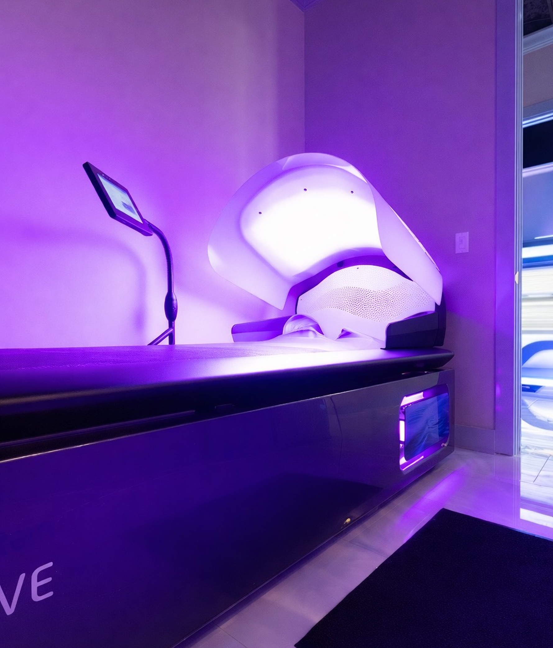 The Wave hydromassage bed in the Serenity Room, lit in violet