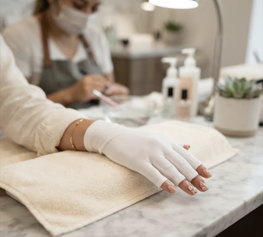 Gel-X extensions being applied to a client's nails