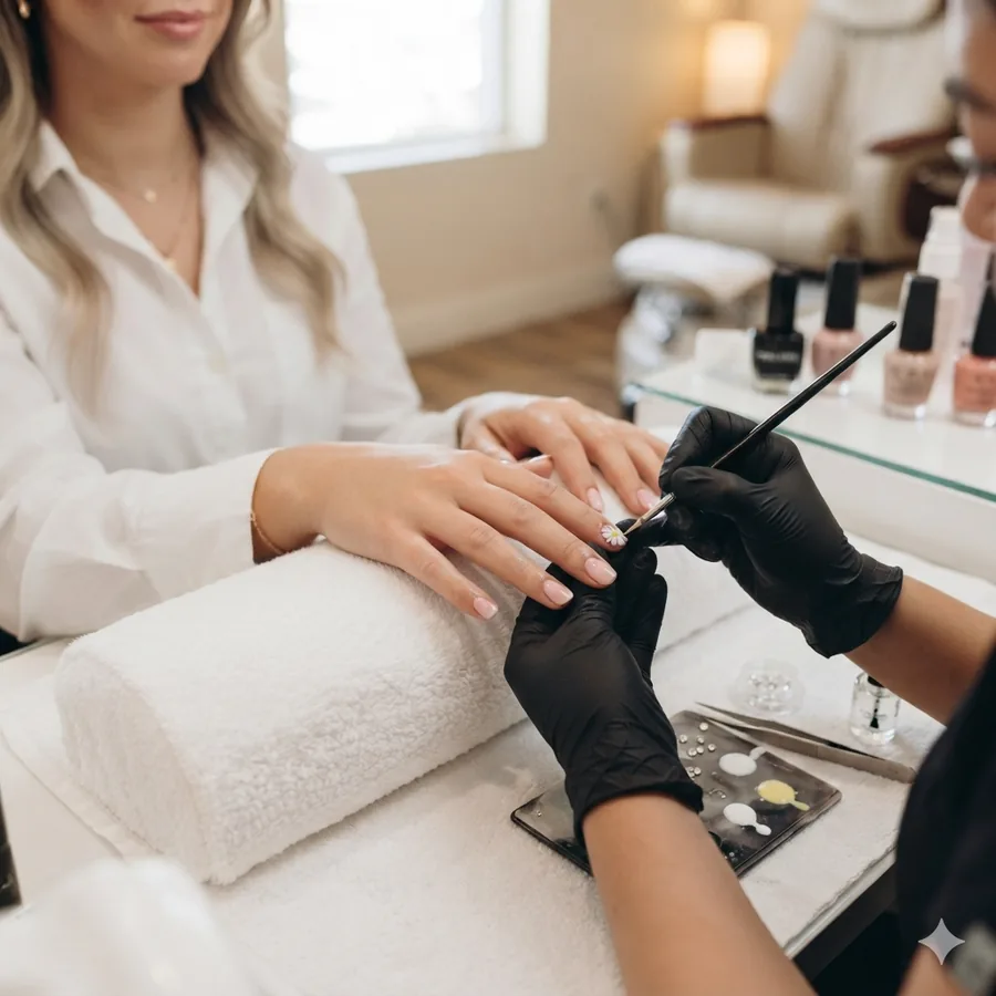 Detailed nail art being painted on a client's nails