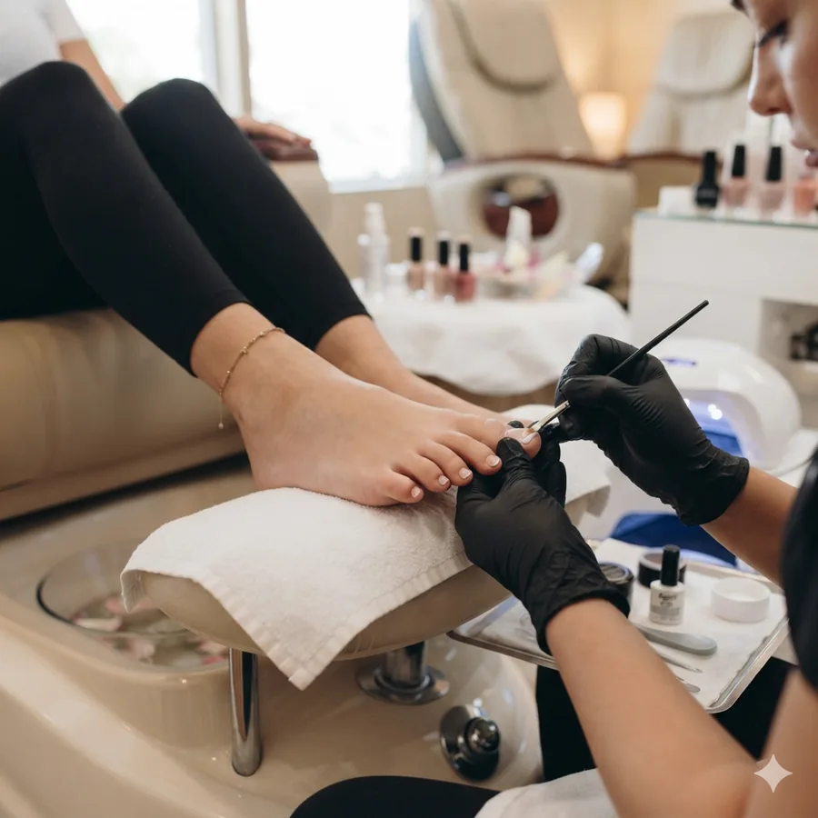 Polish being applied to toenails during a pedicure