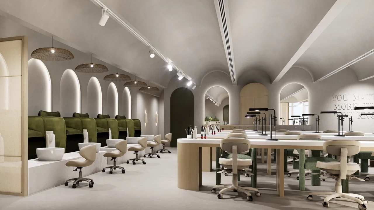 The Earth Nail Spa studio with manicure tables and the pedicure lounge