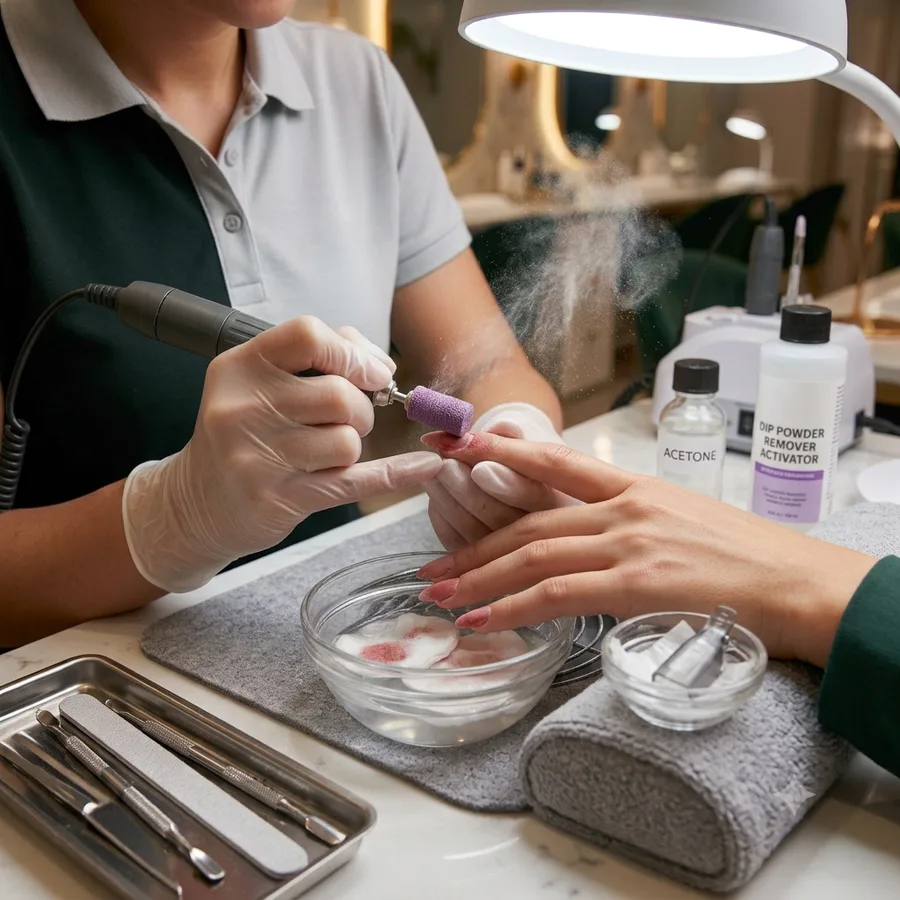 Dip powder being removed with gentle filing and acetone wraps
