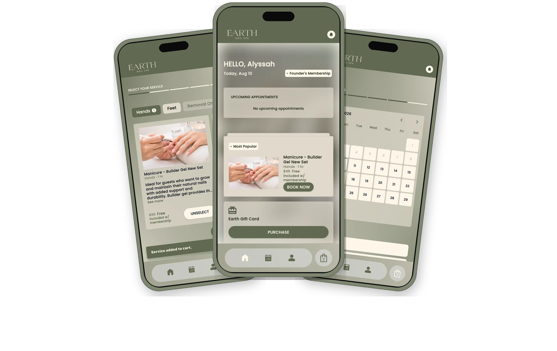 The Earth Nail Spa app shown on three phones