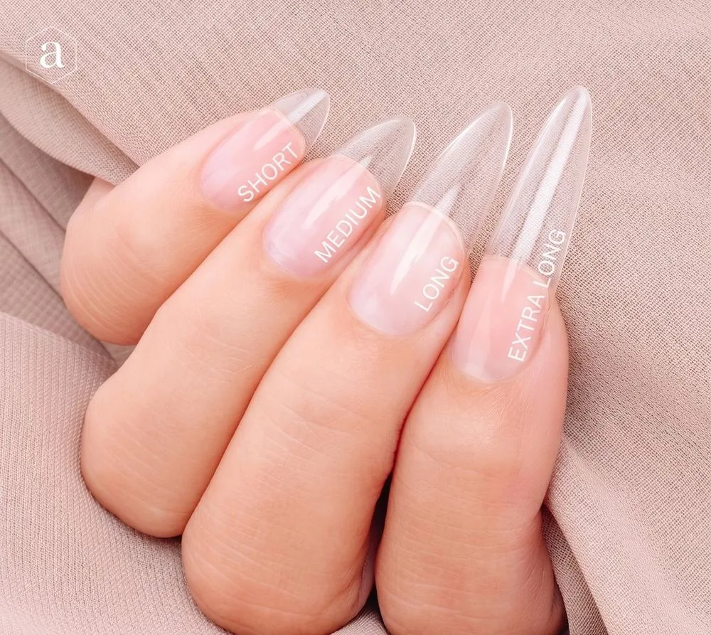 Almond Gel-X nails shown in short, medium, long, and extra long
