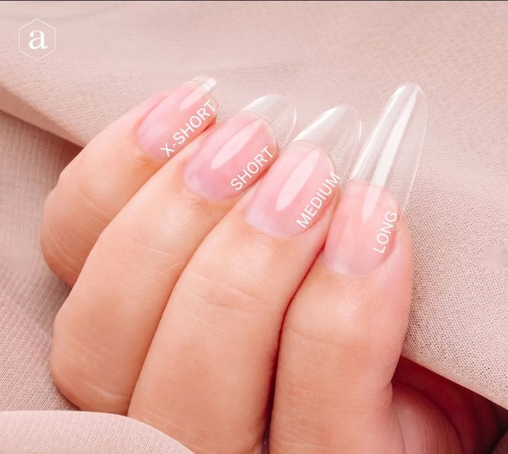 Round Gel-X nails shown in extra short, short, medium, and long