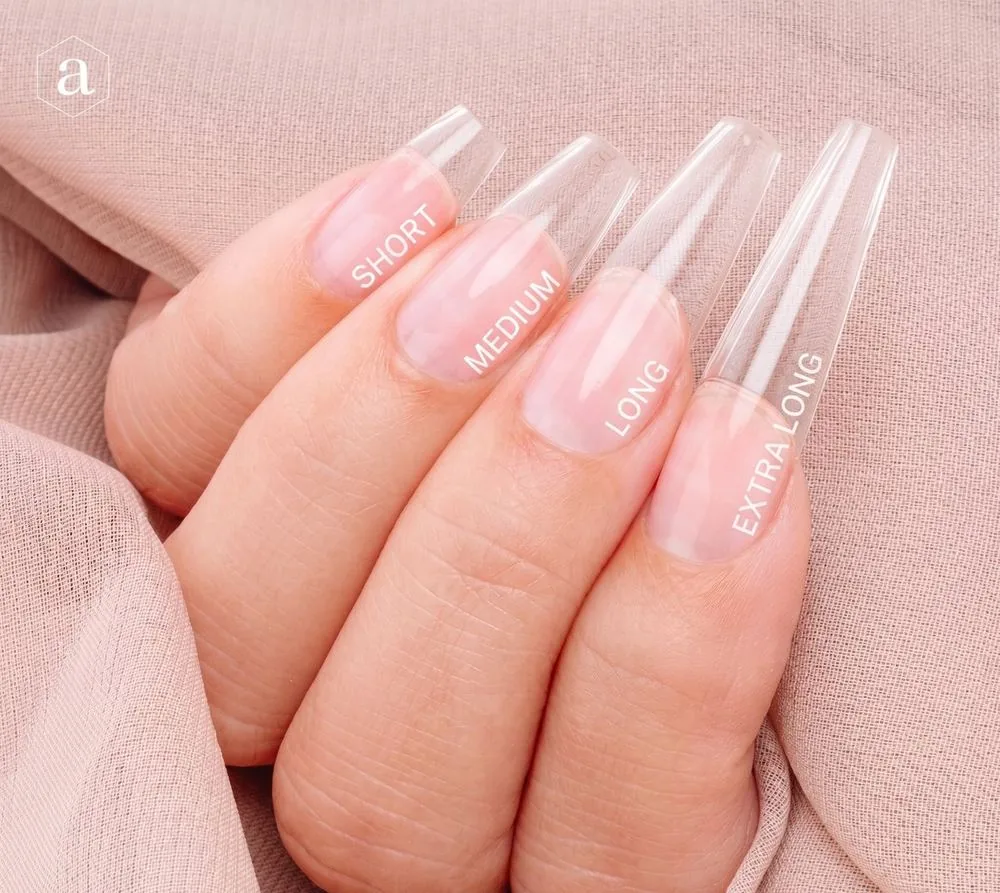 Coffin Gel-X nails shown in short, medium, long, and extra long