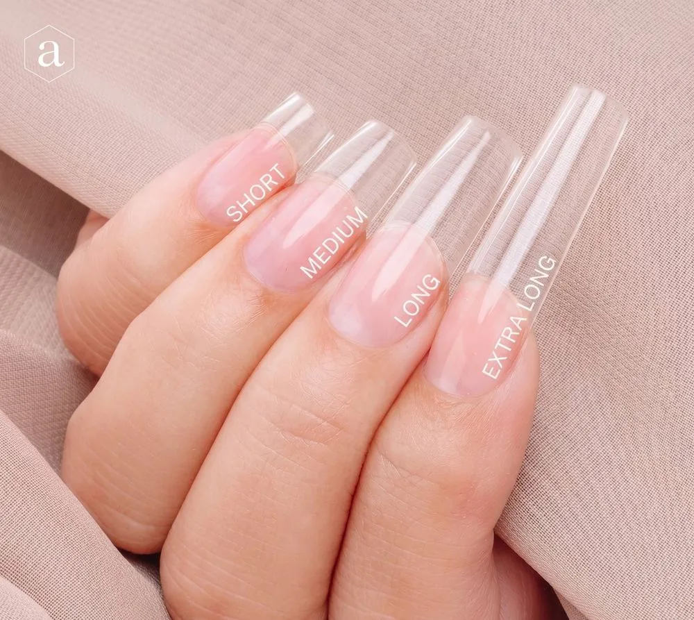Square Gel-X nails shown in short, medium, long, and extra long