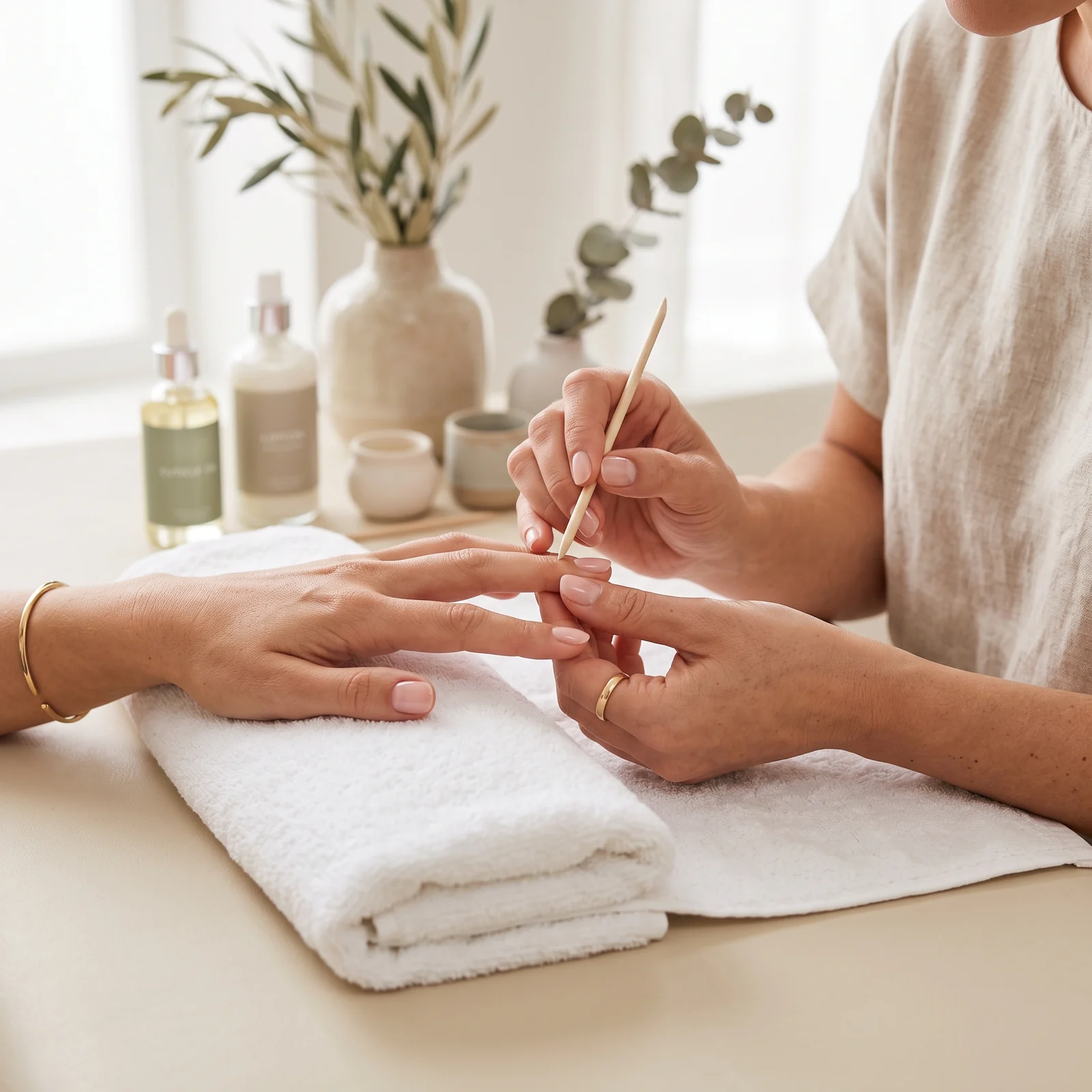 A nail technician gently caring for a guest's short natural nails at a bright spa table