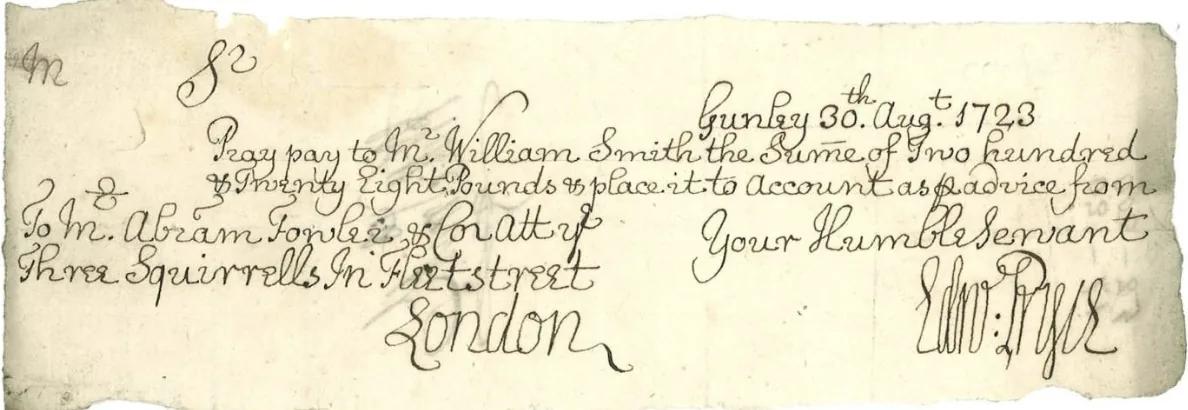 A handwritten 1723 cheque instructing payment of two hundred and twenty-eight pounds
