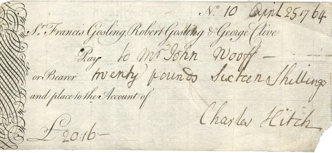 A 1764 printed cheque from Gosling and Clive with decorative engraving down the left edge