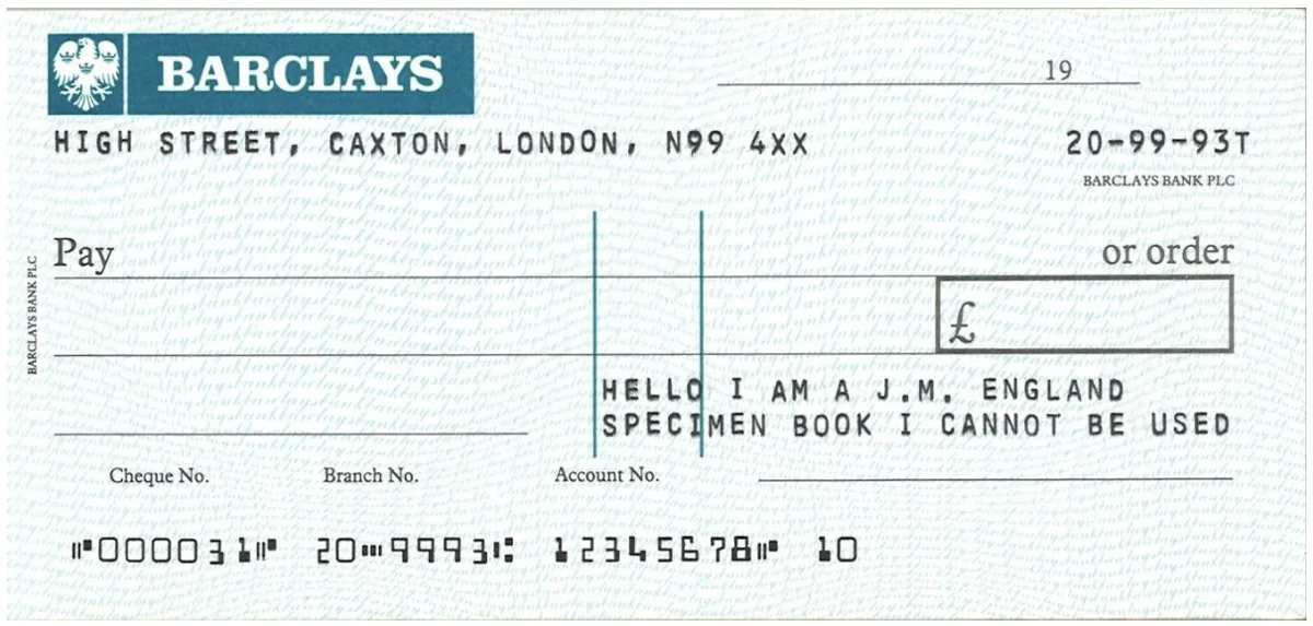 A Barclays specimen cheque from around 1990 in the standardised modern layout