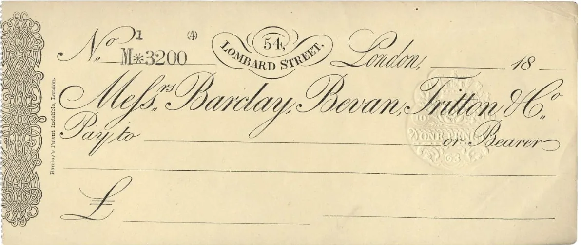 A blank Barclay, Bevan, Tritton and Co cheque from Lombard Street with a printed account number