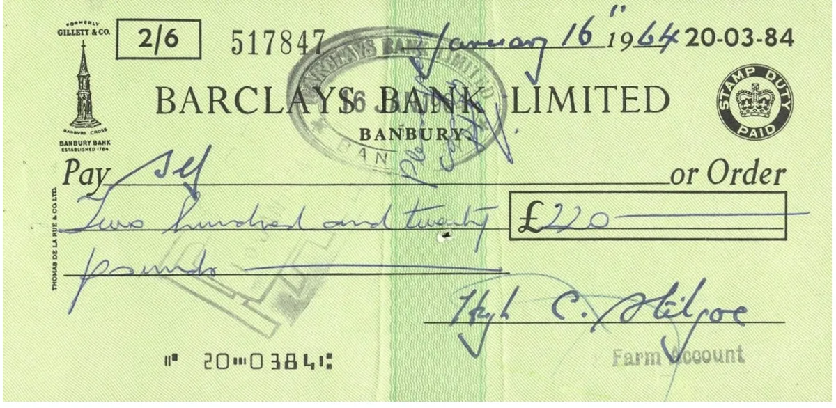 A 1964 Barclays cheque from the Banbury branch showing an early MICR code line