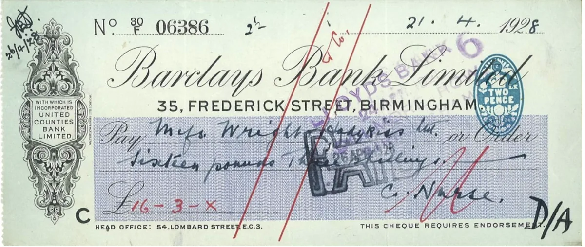 A 1928 Barclays Bank Limited cheque from the Birmingham branch bearing a twopence duty stamp