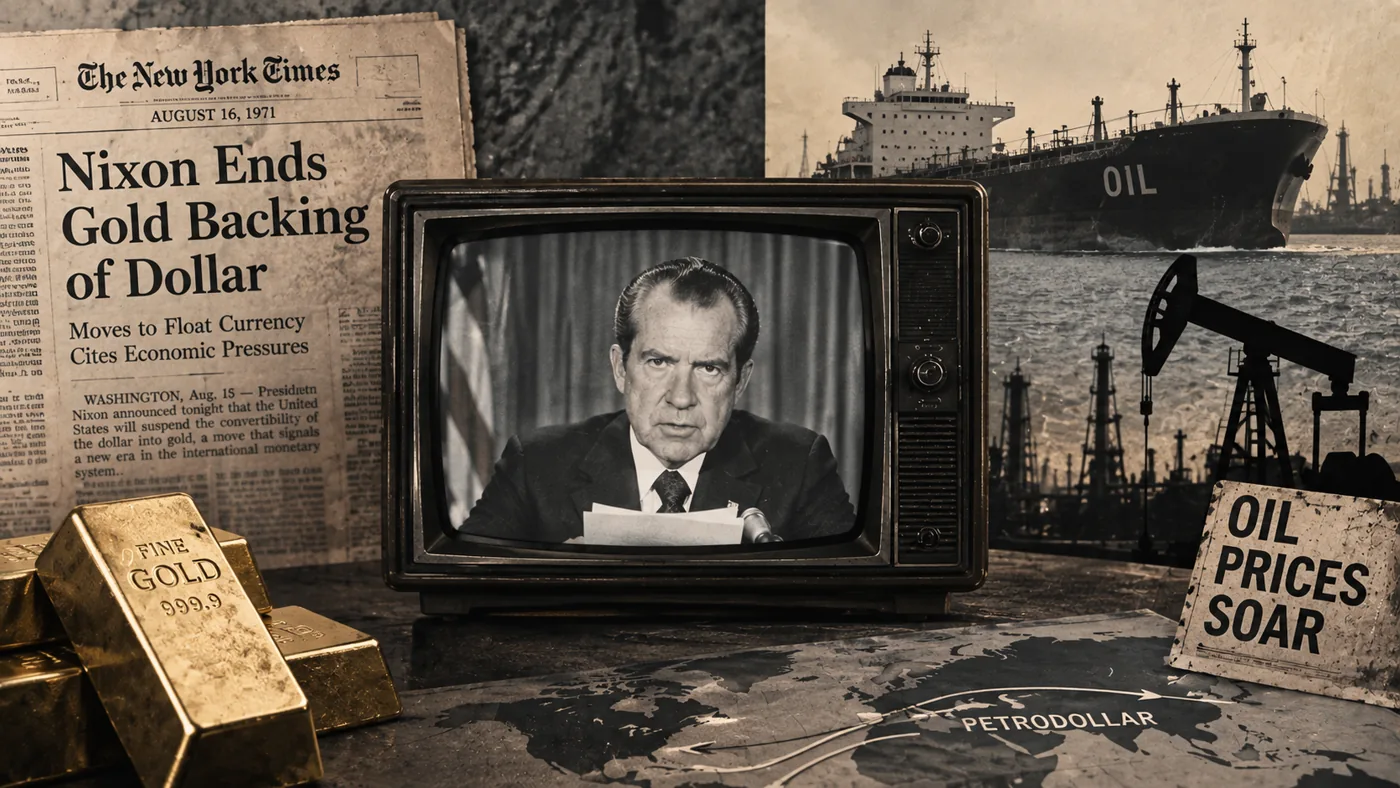 Nixon announcing the end of gold backing for the dollar in 1971, alongside oil tankers and the petrodollar era