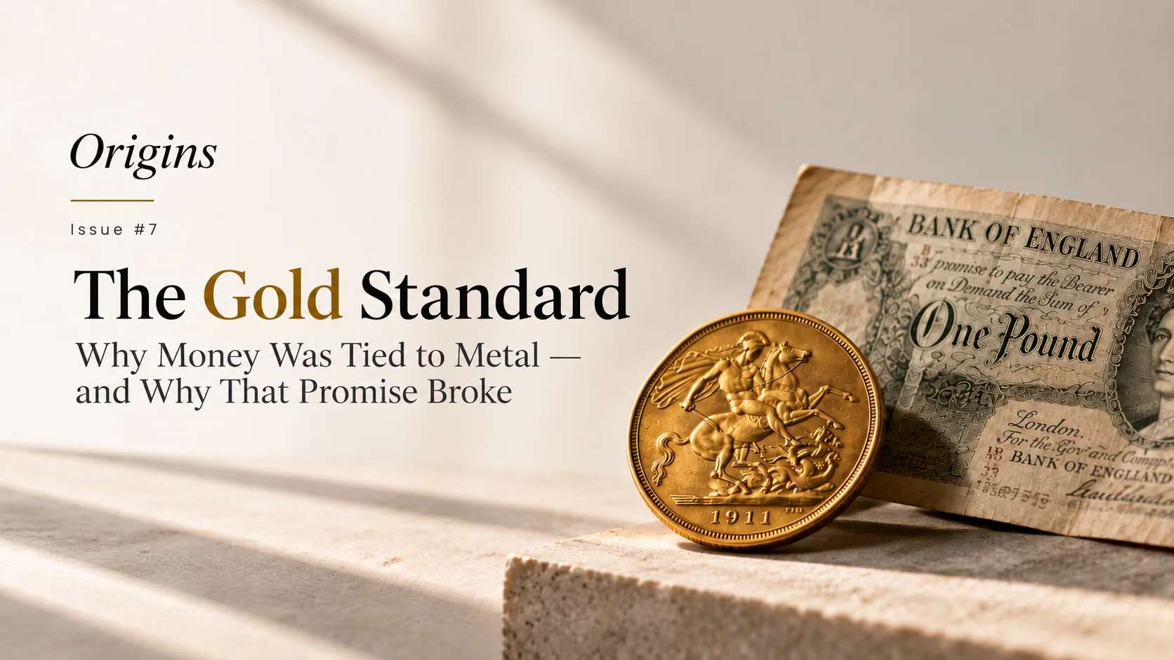 Origins Issue #7: The Gold Standard, with a 1911 gold sovereign leaning against a Bank of England one pound note
