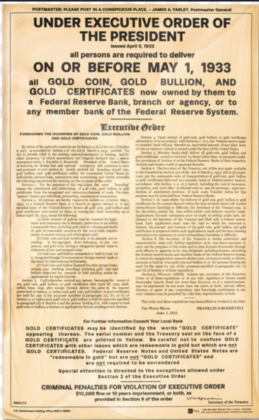 1933 poster of Executive Order 6102 requiring Americans to deliver gold coin, bullion and gold certificates to the Federal Reserve by May 1, 1933
