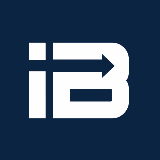 White stylized letter i and B forming an arrow pointing right on dark blue background.