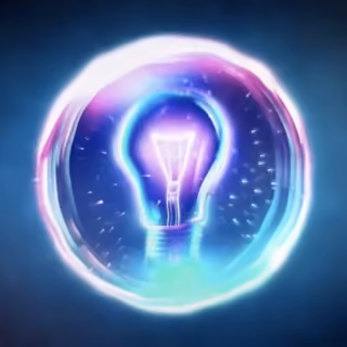 Glowing blue and purple lightbulb encased in a glass bubble with a dark background.