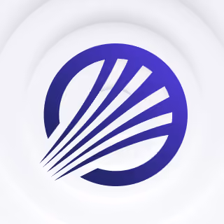 Abstract blue circular logo with upward curving lines resembling a stylized fan or blades.