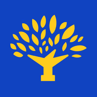 Yellow stylized tree with broad leaves on a blue background.