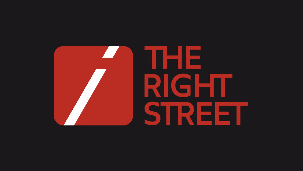 Red square logo with a white diagonal stripe and the text The Right Street in red on black background.