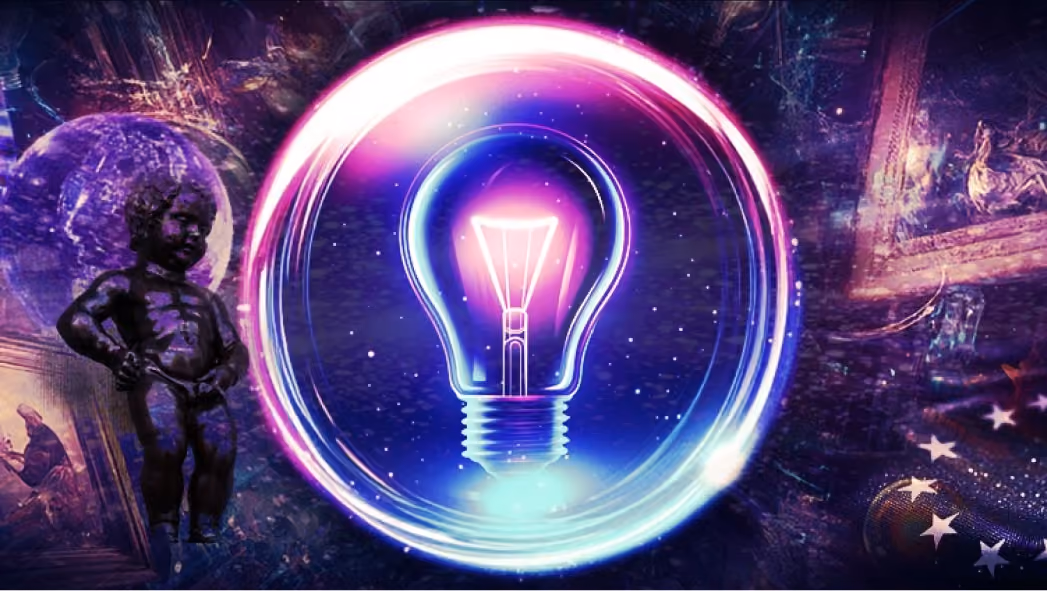 Glowing light bulb encased in an orb with a dark statue and cosmic background with stars.