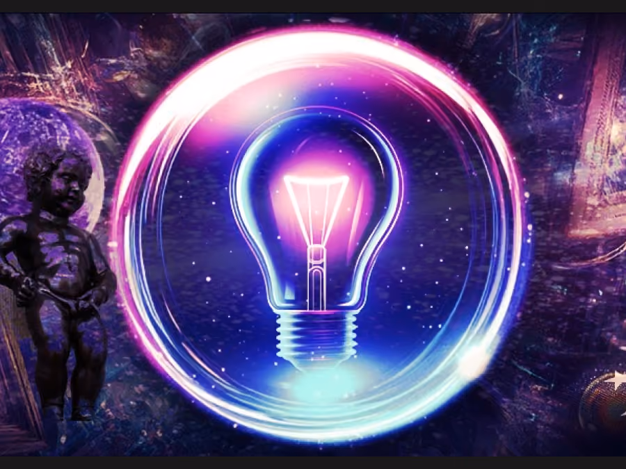Glowing neon light bulb inside a vibrant circular aura with a small statue figure on the left.