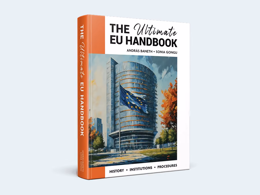 Book titled The Ultimate EU Handbook with building and EU flag illustration on cover.