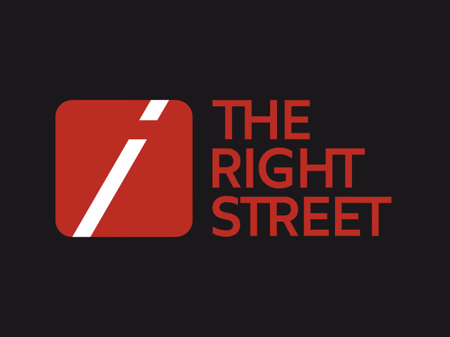 "The Right Street" text logo in red with a red square containing a white diagonal line and a small rectangle.