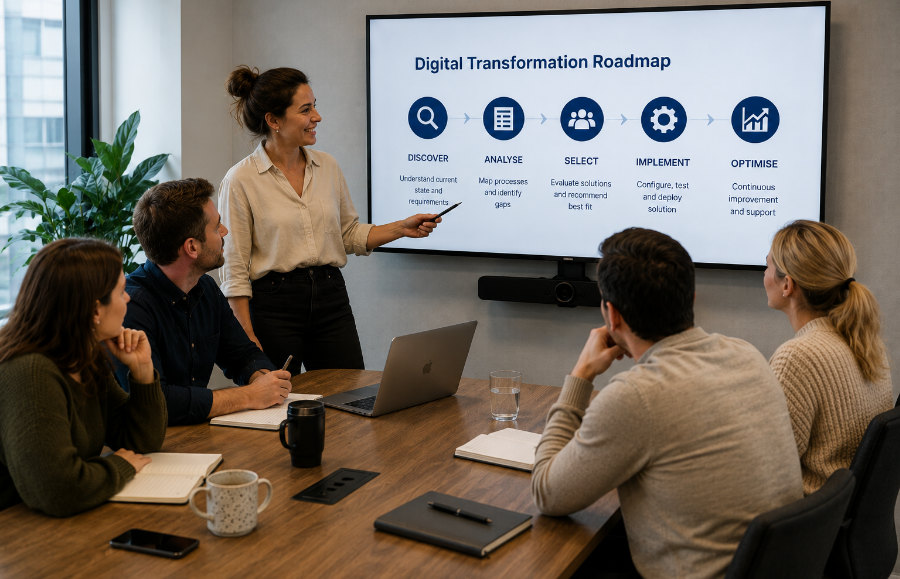 Team reviewing a digital transformation roadmap on a presentation screen