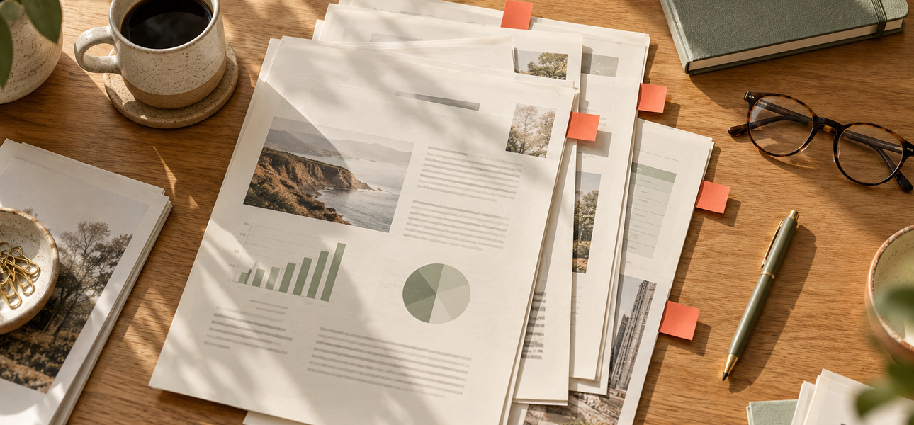 Printed reports with charts and flagged pages on a desk