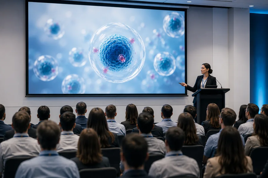 Presenter addressing an audience with a cell illustration on screen