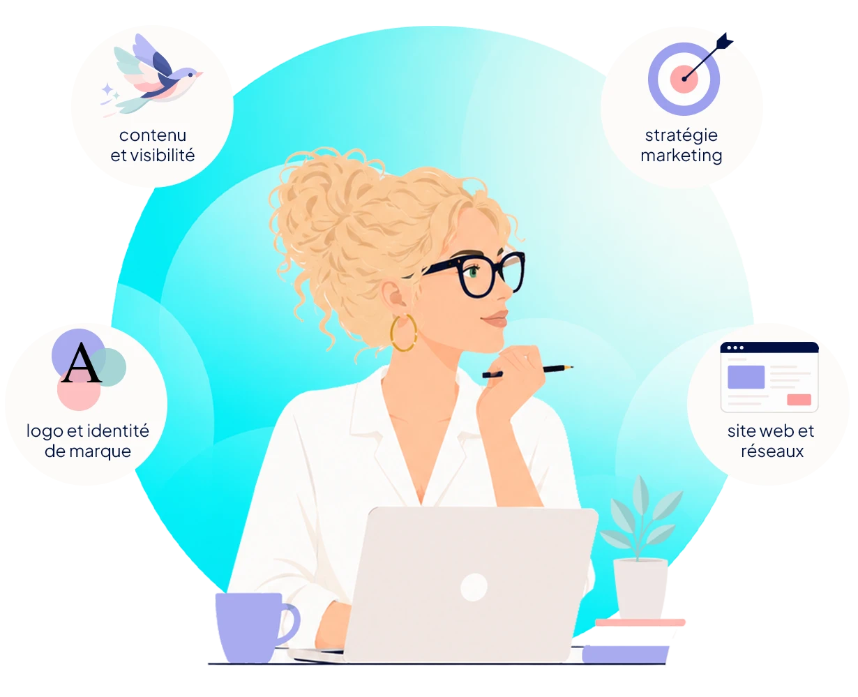 Illustration des expertises d’Amandine Ridet : identité de marque, stratégie marketing, contenus et sites internet.